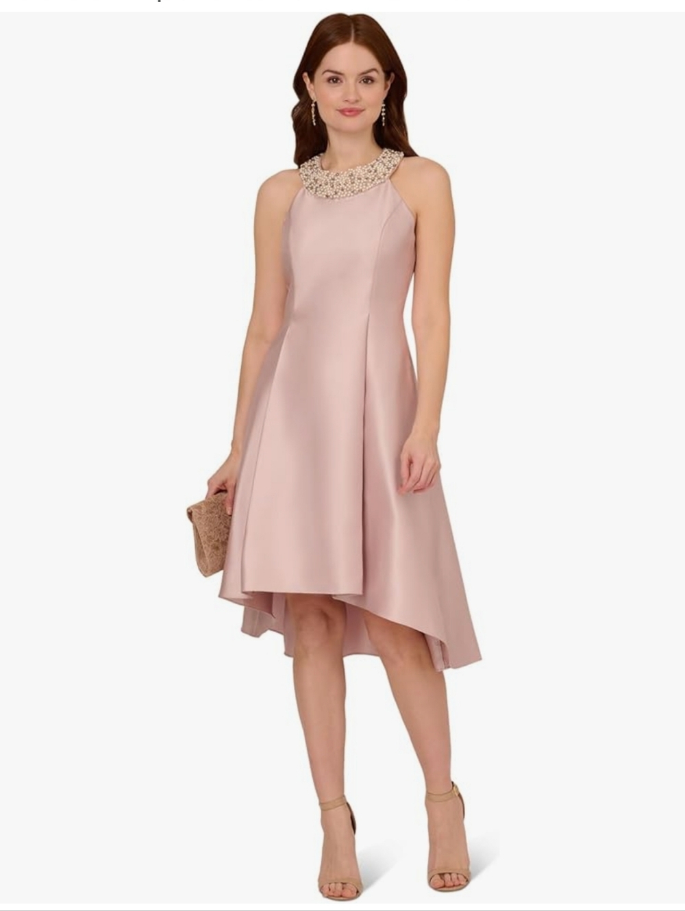 Adrianna Papell ✨️ Blush Dress with Pearl & Crystal Embellished Neckline Size 14